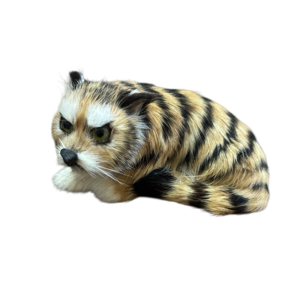 Realistic Collectible Tan and Black Striped Tiger Cat with Real Fur